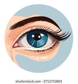 Ilustración de un ojo con un iris turquesa, pestañas negras largas y una ceja definida, sobre un fondo circular. El estilo es moderno, con colores brillantes y líneas nítidas.