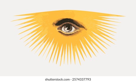 Illustration of an eye within a yellow triangle with radiating lines. Eye in triangle, symbolic design. Eye and triangle, artistic representation. Vintage art drawing, isolated vector element.