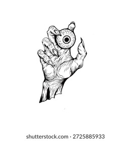 ilustração de um globo ocular segurado por uma mão em preto e branco