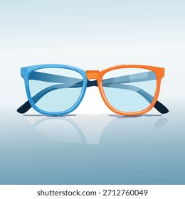 Ilustración de gafas con marcos azules y naranjas. Las gafas se colocan en un degradado azul reflectante, con un estilo moderno y minimalista.