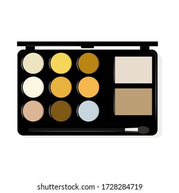 Illustration of an eyeshadow palette with brush on a white background. Eyeshadow in various colors for makeup. Professional cosmetics.