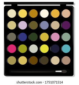 Illustration of an eyeshadow palette with brush on a white background. Professional cosmetics. Vector illustration.