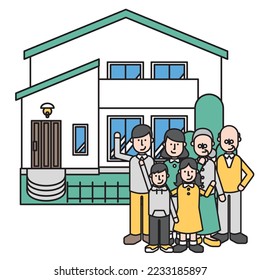 It is an illustration (F type) of a simple house and a three-family family.