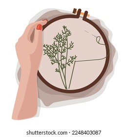 Illustration of fabric with embroidery frame, embroidery and by hand. Embroidery in the hands on a white background. Embroidery frame in hand. For printing on postcards and tags for craftsmen