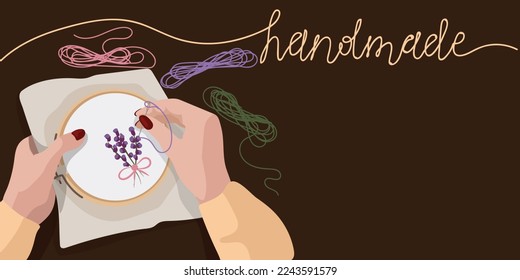 Illustration of fabric with embroidery frame, embroidery and hand. Embroidery in the hands on the background. Threads with a needle on a dark background. Embroidery frame in hand. Background for text