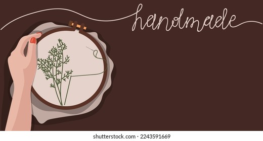 Illustration of fabric with embroidery frame, embroidery and hand. Embroidery in the hands on the background. Threads with a needle on a dark background. Embroidery frame in hand. Background for text