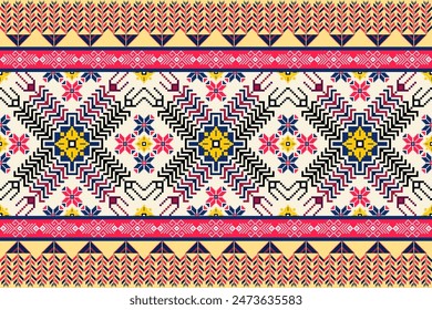 Illustration fabric ethnic pattern concept elements traditional embroidery piexl pattern for clothing, fabric, background, wallpaper, wrapping, batik Knitwear, Pixel pattern,with pink navy blue yellow