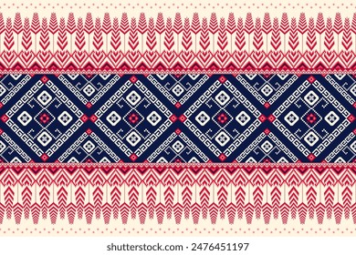 Illustration fabric ethnic pattern concept elements traditional embroidery piexl pattern for clothing, fabric, background, wallpaper, wrapping, batik Knitwear, Pixel pattern,with blue and red