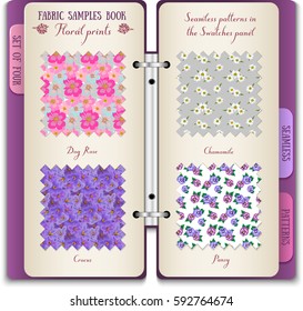 Illustration of fabric samples book. Open notebook. Set of four seamless floral patterns