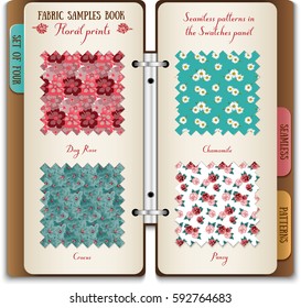 Illustration of fabric samples book. Open notebook. Set of four seamless floral patterns