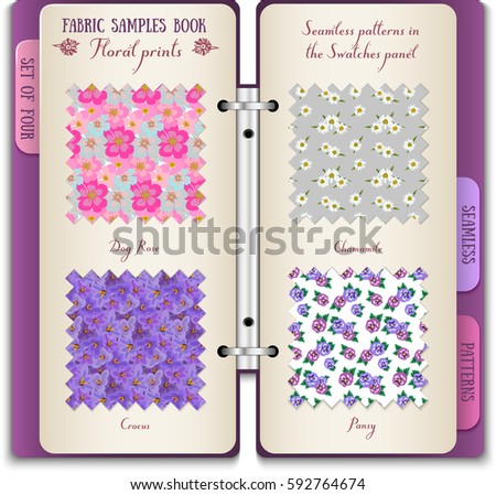Illustration of fabric samples book. Open notebook. Set of four seamless floral patterns
