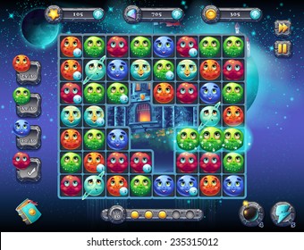 Illustration fabulous space with the image of the screen with the interface of the game playing field with fun planets as well as the progress bar, bars objects, coins,  and various buttons