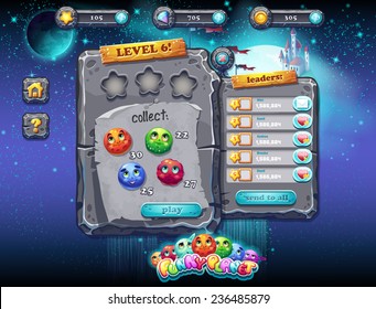 Illustration fabulous space with planets and funny examples of window decoration of the user interface for computer games and web design with buttons, prizes, levels and other elements. Set 1.