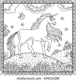 The illustration with a fabulous unicorn on a background of a fantastic world around flowers, grass and other plants. Coloring book