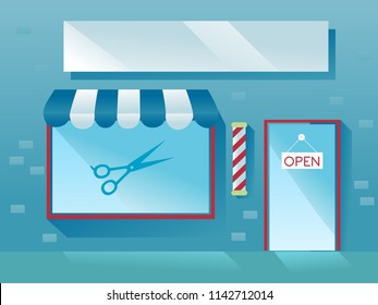 Illustration of the Facade of a Barber Shop with Scissors and an Open Sign at the Door