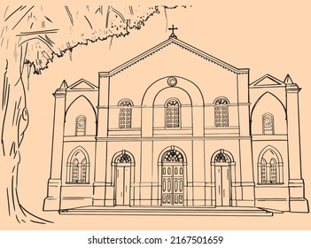 Illustration of the facade of a Catholic Church, detailing its ancient architecture.