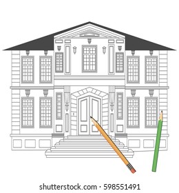Illustration facade of house. Architecture design. Heraldry and logo concept art. Drawing for coloring book.