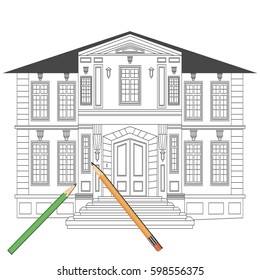 Illustration with facade of house. Architecture design. Heraldry and logo concept art. Drawing for coloring book.