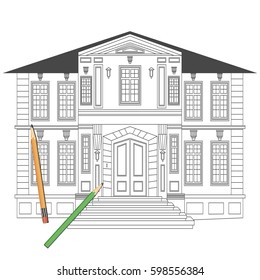 Illustration with facade of house. Architecture design. Heraldry and logo concept art. Drawing for coloring book.