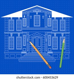 Illustration with facade of house. Architecture design. Heraldry and logo concept art.