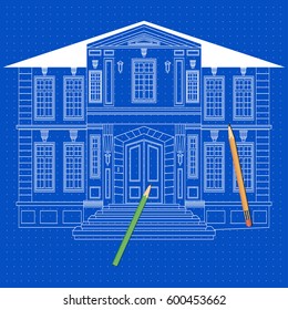 Illustration with facade of house. Architecture design. Heraldry and logo concept art.