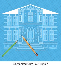 Illustration with facade of house. Architecture design. Heraldry and logo concept art.
