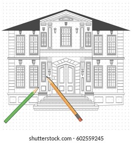 Illustration with facade of house. Architecture design. Heraldry and logo concept art.