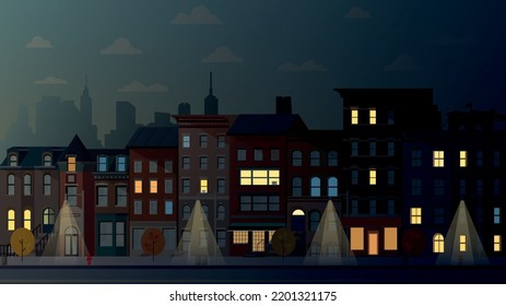 Illustration of facades of retro houses, new york streets or old brooklyn. Collection of Brooklyn building facades. Traditional New York architecture. Vector illustration of historic new york.