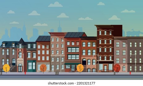 Illustration of facades of retro houses, new york streets or old brooklyn. Collection of Brooklyn building facades. Traditional New York architecture. Vector illustration of historic new york.