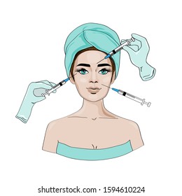 Illustration of the face of a beautiful girl and gloves with syringes. Isolated on a white background. Beauty Injection