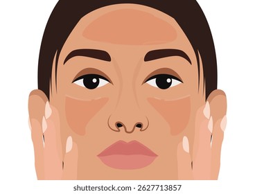 Ilustração do rosto de uma mulher com ambas as mãos suavemente colocadas em suas bochechas. Sua expressão facial parece calma e neutra, e o sombreamento em seu rosto enfatiza áreas como a testa.