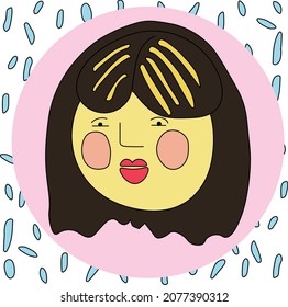 Illustration with the face of a brunette woman.Cartoon-style print of a girl on a pink and blue background.Ornament