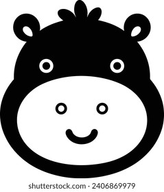 Illustration Of The Face Of A Cute Hippo Cub, With A Small Smile And A Few Strands Of Hair On Its Head, Monochrome Logo