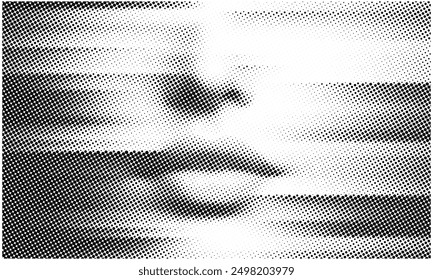 An illustration of a face features a mysterious countenance against a backdrop of halftone stripes for vintage comics and graphic novels.