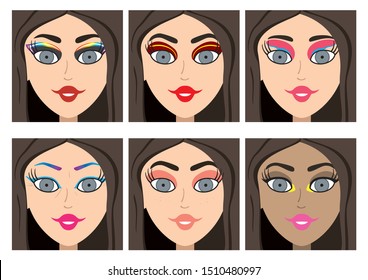 Illustration face fragment set with bold-colored lips, natural bare looking  or bronze skin, 
bright inner eye corner, rainbow, neon, coral, red, pink colors, big brows, graphic floating liner