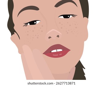 Illustration of a woman’s face with freckles. She has one hand touching her cheek and is looking calmly forward with relaxed eyes and slightly parted lips. Vector Flat Illustration