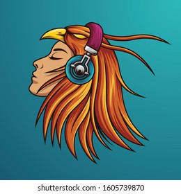 illustration of the face of a girl with phoenix hair listening to music using headphones