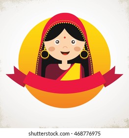 Illustration of the face of an Indian girl in colorful sari 