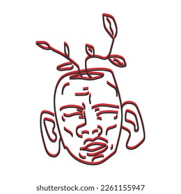 illustration a face with plant, black and red outline character, concept logo, vector graphic
