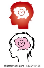 Illustration of the face silhouette seen from the side of a woman  | image in the head · clock · time · deadline | vector data