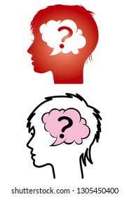 Illustration of a face silhouette seen from the side of a woman / man | Image / doubt in the head, questionstation | vector data