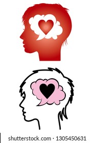 Illustration of a face silhouette seen from the side of a woman | image in the head · favor · heart | vector data