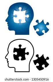 Illustration of a face silhouette seen from the side of a man / man | Image in the head · puzzle, combination, idea | vector data