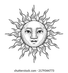 Illustration of the face of the sun drawn in engraving style