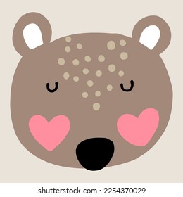 Ilustración de la cara de un oso de peluche con sus mejillas en forma de corazón, ilustración de San Valentín. Dibujo de vectores