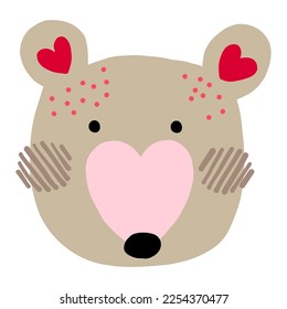 Ilustración de la cara de un oso de peluche con su boquilla en forma de corazón, ilustración de San Valentín. dibujo vectorial