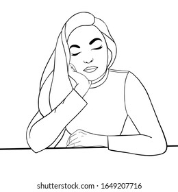 Illustration face in white background. Beautiful and young woman with long hair. Close up portrait. Sketch. Isolated outline, line, contour.Young woman face. Vector art. Glamour fashion beauty doodle