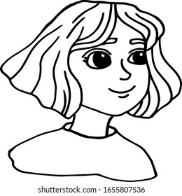 Illustration face in white background. Beautiful and young girl with short hair. Close up portrait. Sketch. Isolated outline, line, contour.