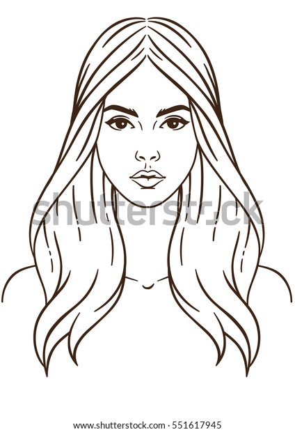 白い背景にイラストの顔 髪の長い美しく若い女性 接写 スケッチ 輪郭 線 輪郭 のベクター画像素材 ロイヤリティフリー