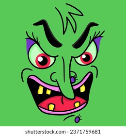 Illustration of the face of a witch with toothless smile and red eyes, Halloween illustration, design for t-shirt
